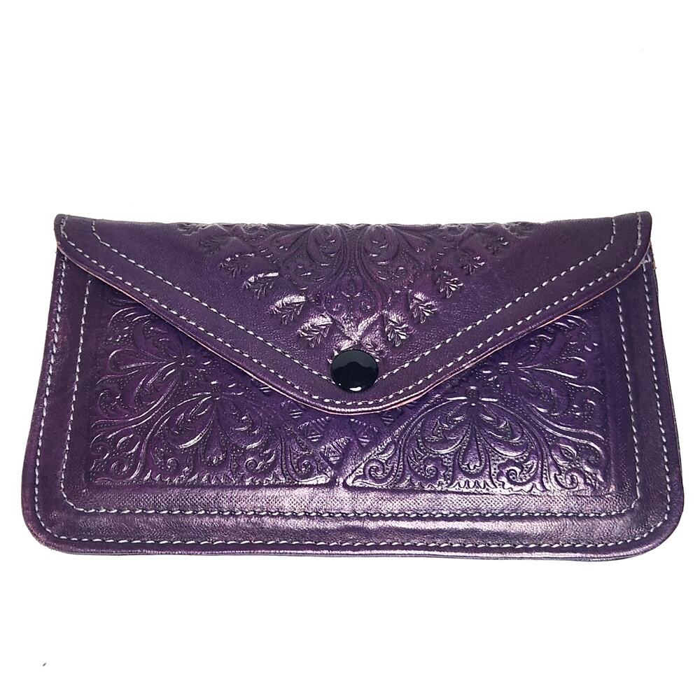 Tooled Purple Leather Wallet Clutch | Floral Embossed Boho Western Purse